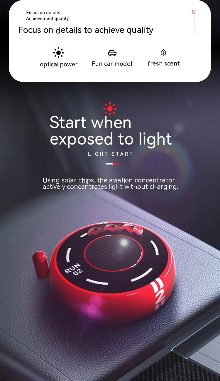 Round solar-powered car fragrance diffuser with LED lights in modern design