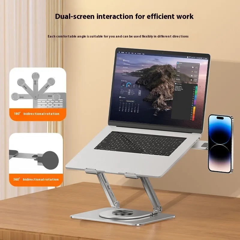 Silver carbon steel laptop stand with a rotating magnetic mobile phone holder attached.