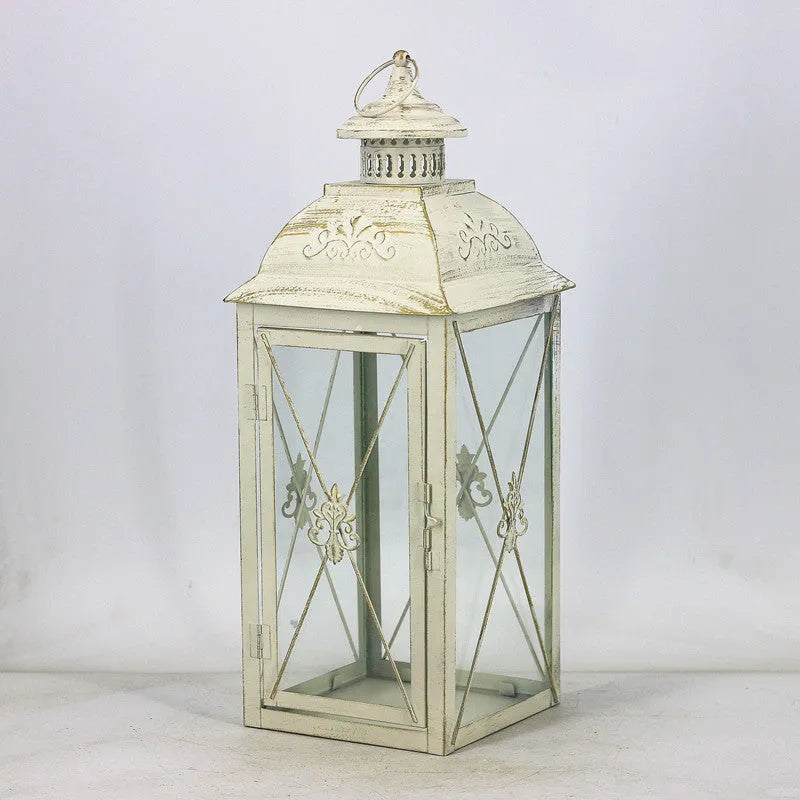 European style black and white wrought iron floor-standing storm lantern with tempered glass for courtyard decoration