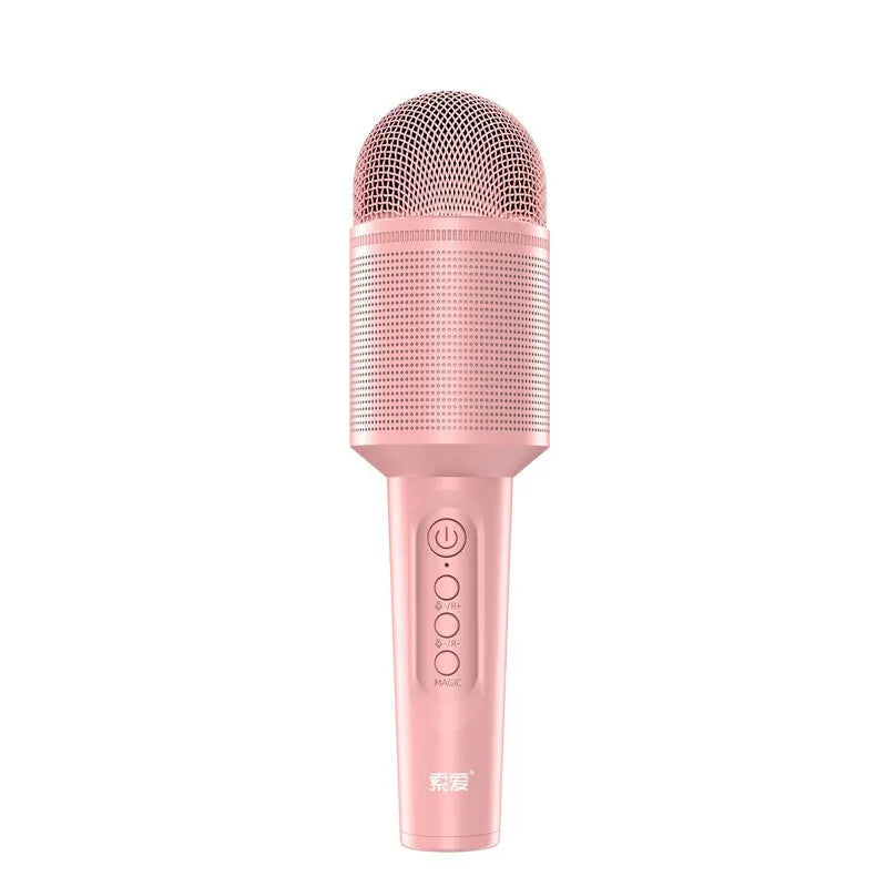 A wireless Bluetooth karaoke microphone shown in three colour options: girly pink, sapphire blue, and mint green.