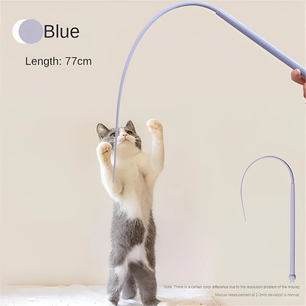 Blue silicone mouse tail cat teaser stick toy with cat head design, 80cm length