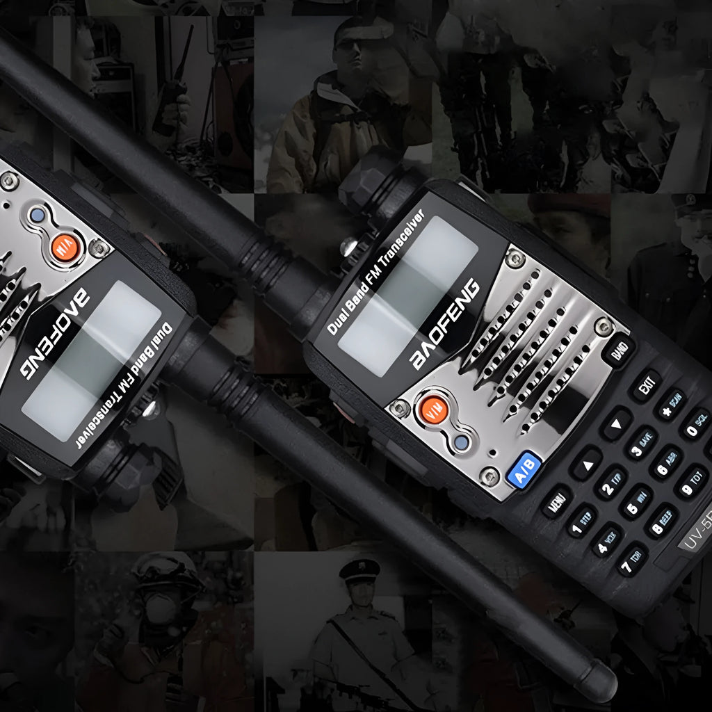 Baofeng UV-5RA black handheld dual-band two-way radio with antenna and dual display screen.