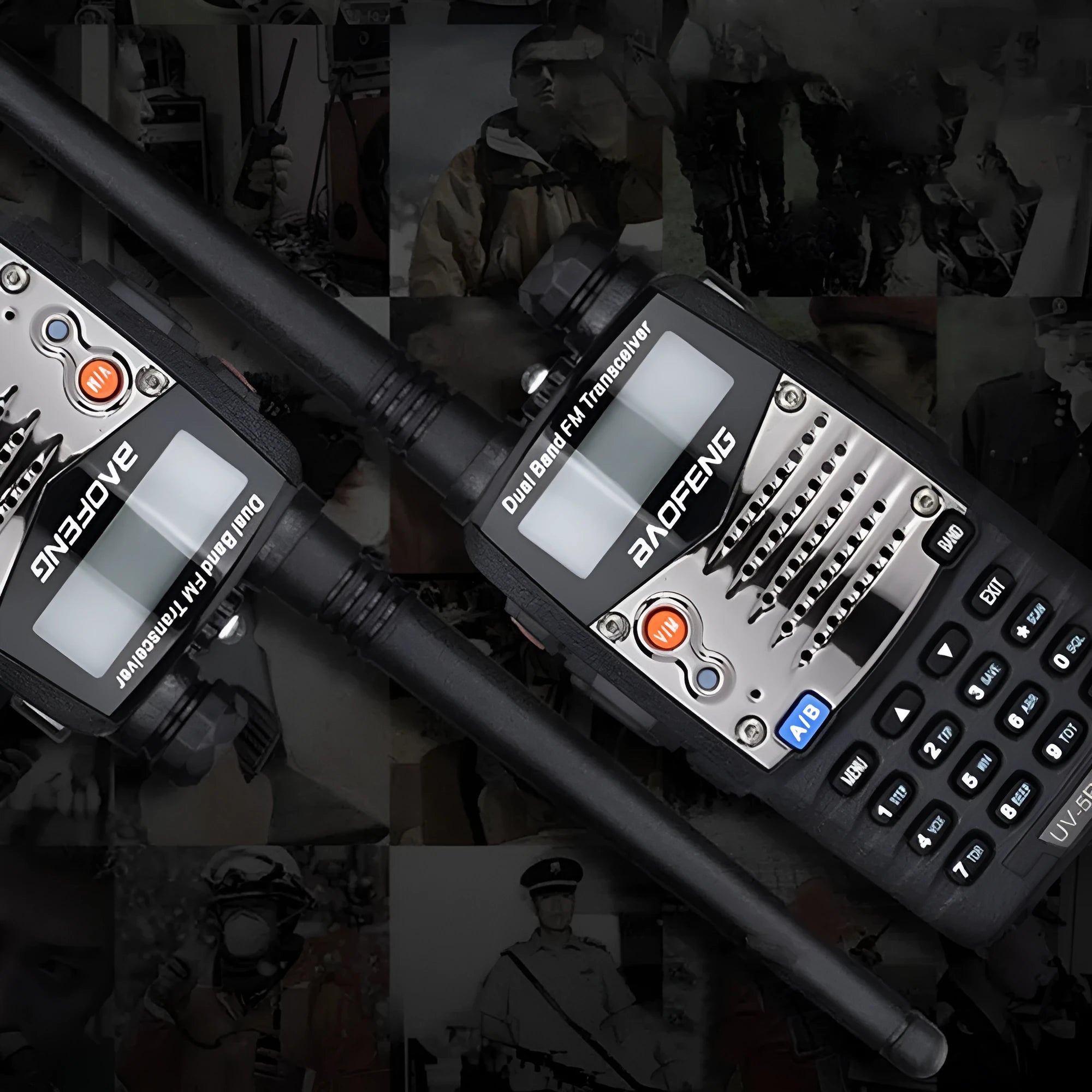 Baofeng UV-5RA black handheld dual-band two-way radio with antenna and dual display screen.