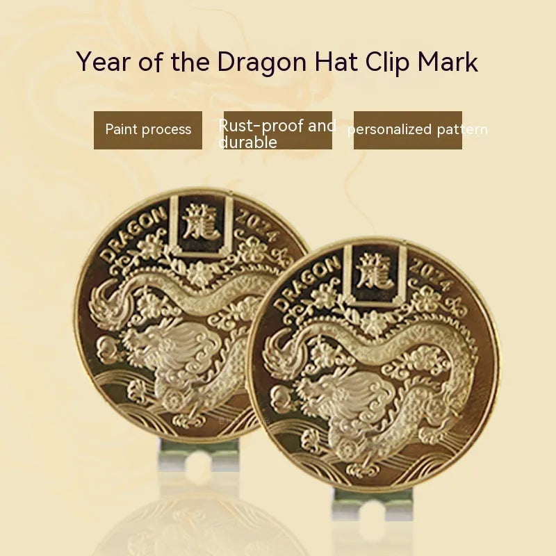 Zinc alloy golf hat clip with engraved Dragon Year pattern design for sporting accessories