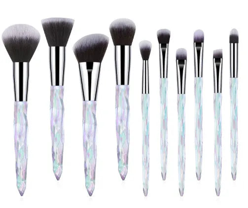 10 foundation brushes with crystal diamond handles in four colours: black, blue, red, and yellow