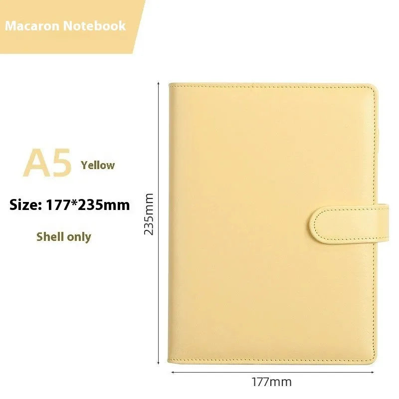 A5 PU leather zippered notebook shell in multiple solid colours including pink, blue, and black.