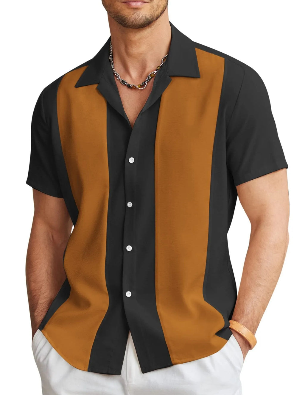 Men's slim fit Hawaiian short sleeve shirt with digital printing on elastic polyester fabric