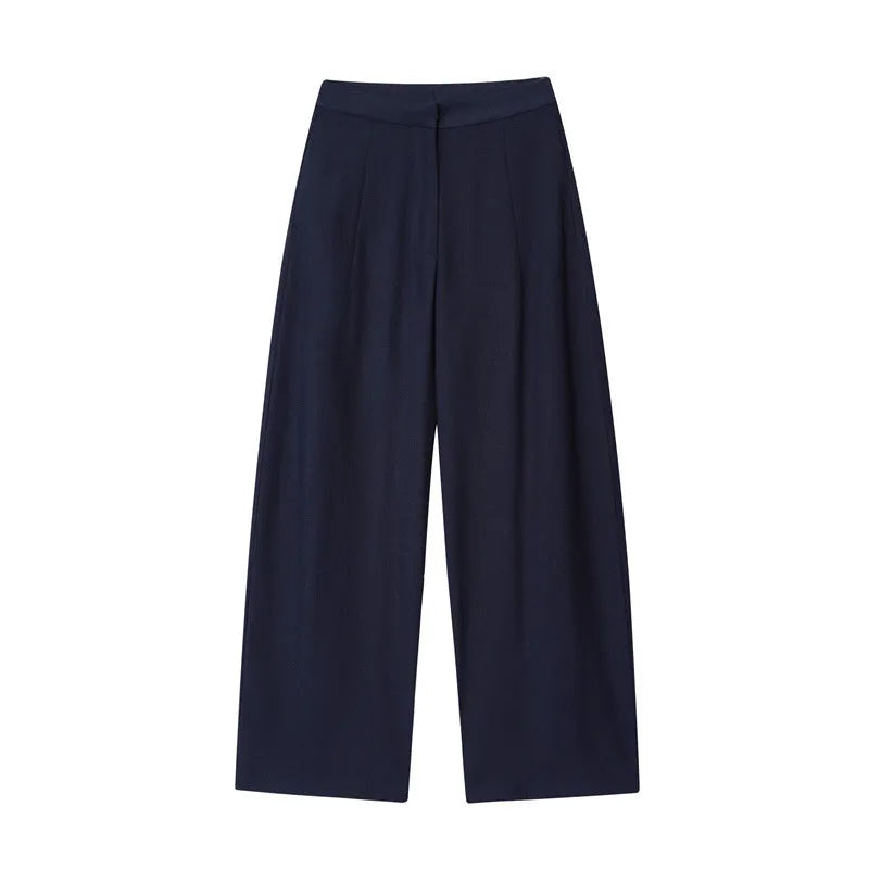 Women's linen-look polyester blend co-ord set with flounced sleeve shirt and wide leg trousers.