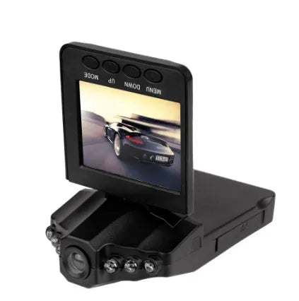 H198 HD car DVR recorder with 2.4-inch screen, infrared lights, and parking monitoring features