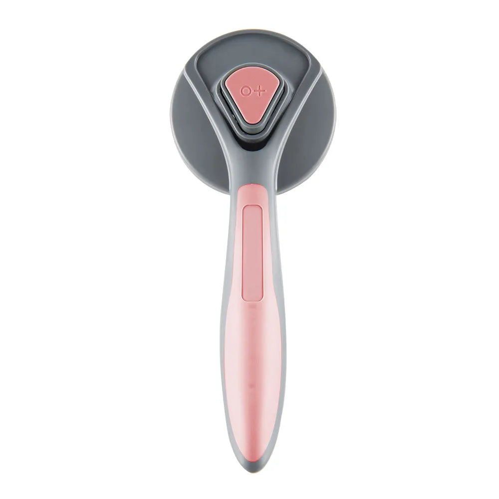 Grey green pink self-cleaning pet grooming brush with one-click button and comfort-grip handle