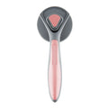 Grey green pink self-cleaning pet grooming brush with one-click button and comfort-grip handle