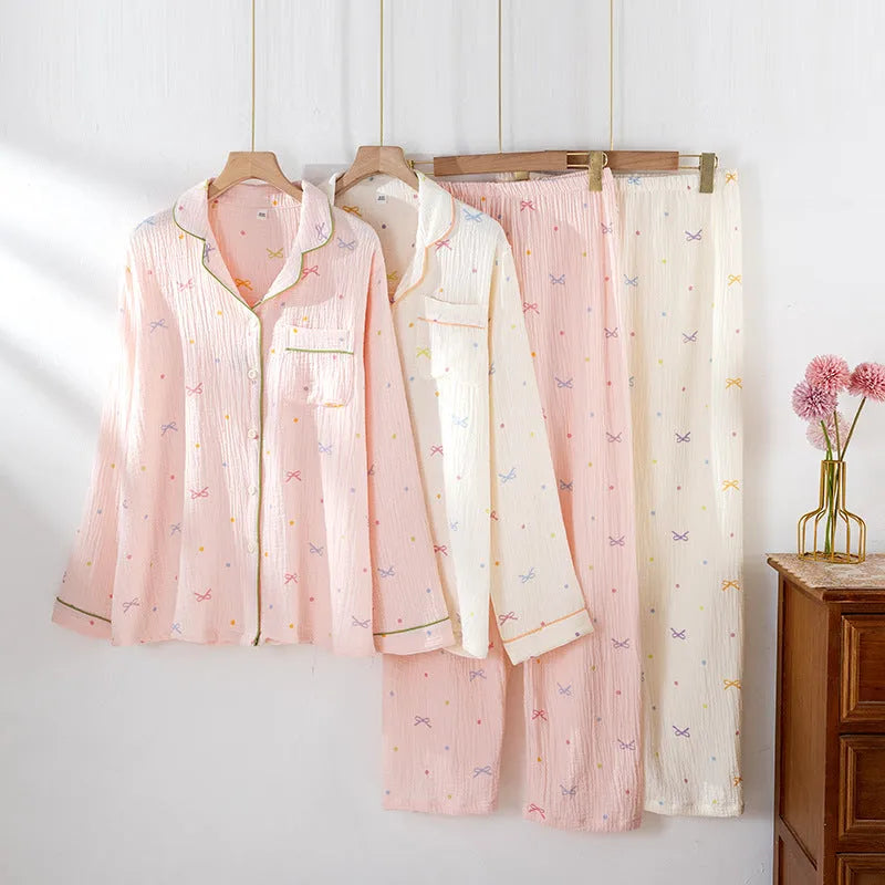 Women's cotton pajama set showing long sleeves and matching trousers in simple casual style