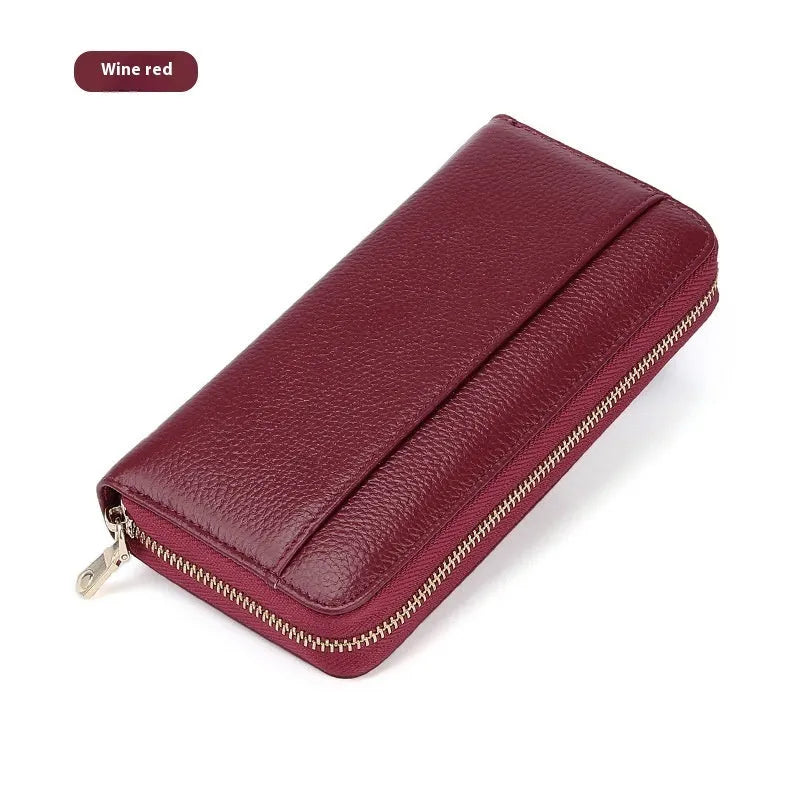 Genuine leather women's wallet showing interior compartments and anti-theft card swiping feature