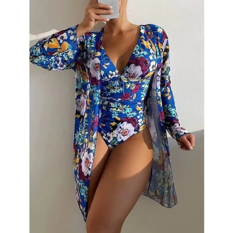 Women's floral tight bikini three-piece suit with coat in polyester fabric