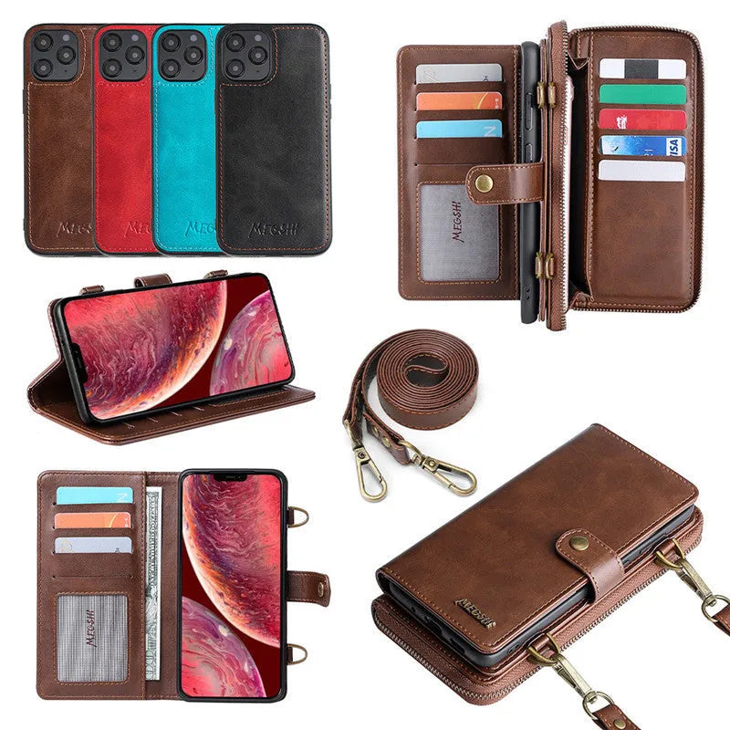 Black detachable leather wallet flip phone case for Samsung Galaxy Note and iPhone, showing separable design.