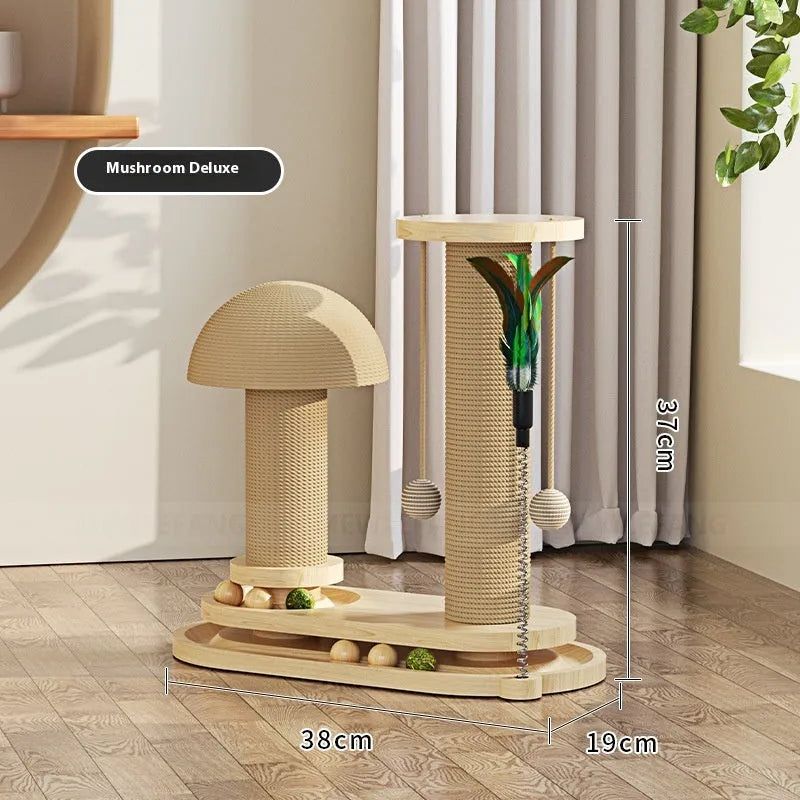 Solid wood cat turntable scratching post with oval mushroom design and natural finish for indoor climbing