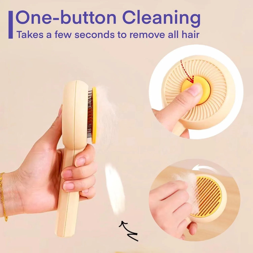 Blue self-cleaning pet grooming brush with angled metal needles and a yellow button.