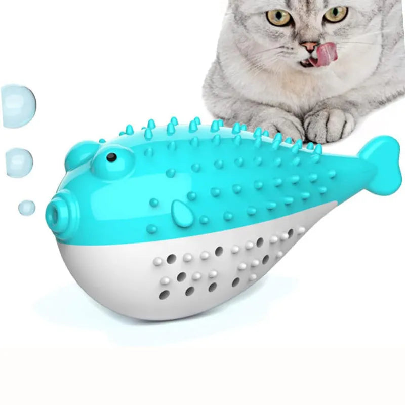 Mint Toys fish-shaped silicone cat chew toy with toothbrush feature in blue, green, pink, or yellow