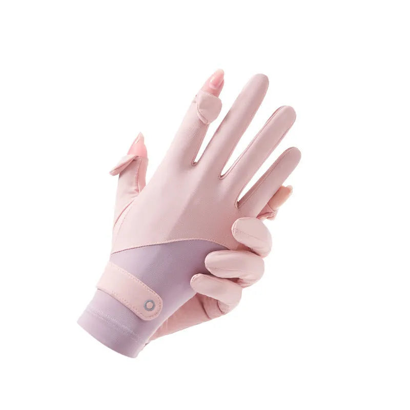 Thin beige women's sunscreen gloves with UPF50+ protection on a hand.