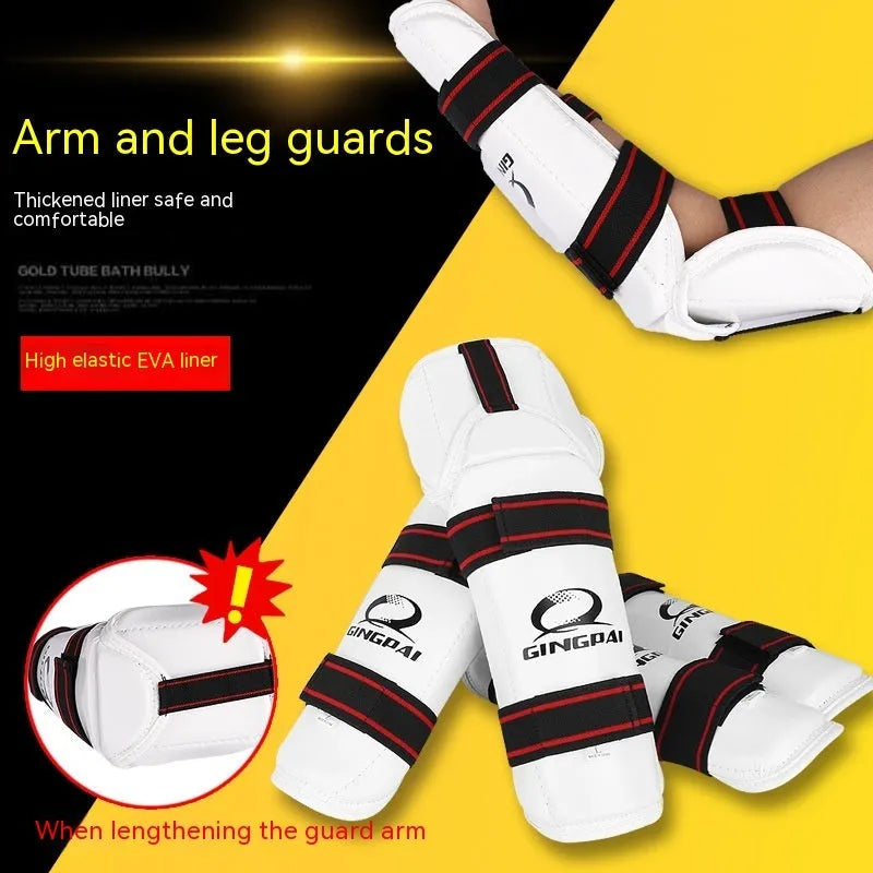 Taekwondo protective gear set showing leg guards and arm guards in PU EVA material