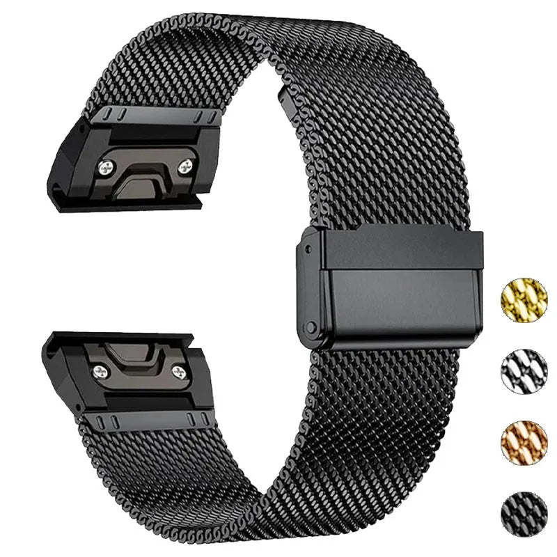 Stainless steel smartwatch strap for Garmin Fenix models in silver, black, gold, and rose gold colours