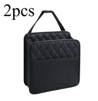 Leather car interior hanging storage bag in colour choice, showing handle and 25cm dimensions.