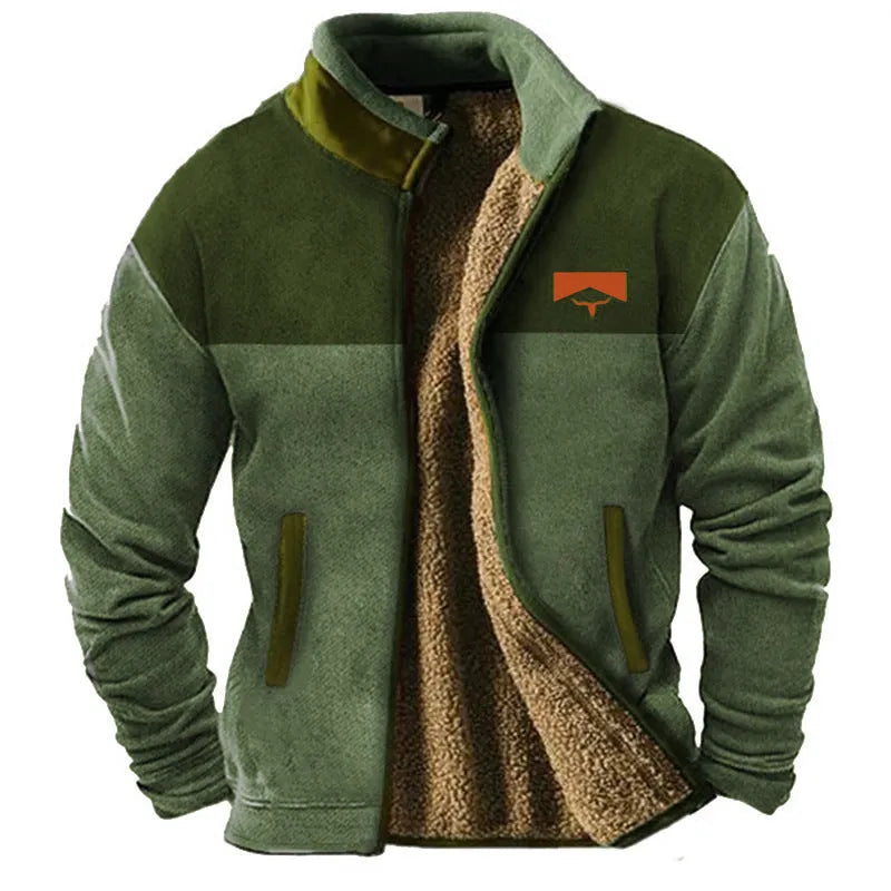 Men's polyester padded coat in regular length on a hanger, available in blue, green and light brown.