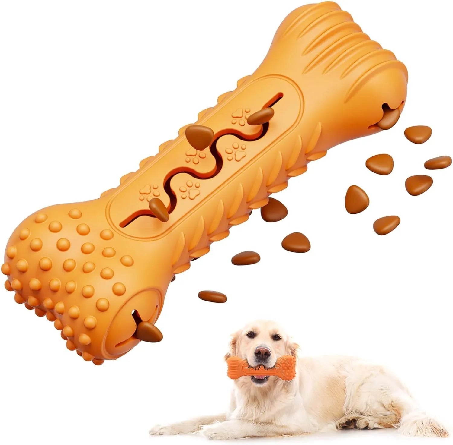 Blue natural rubber bone-shaped dog chew toy with textured surface for teeth cleaning.