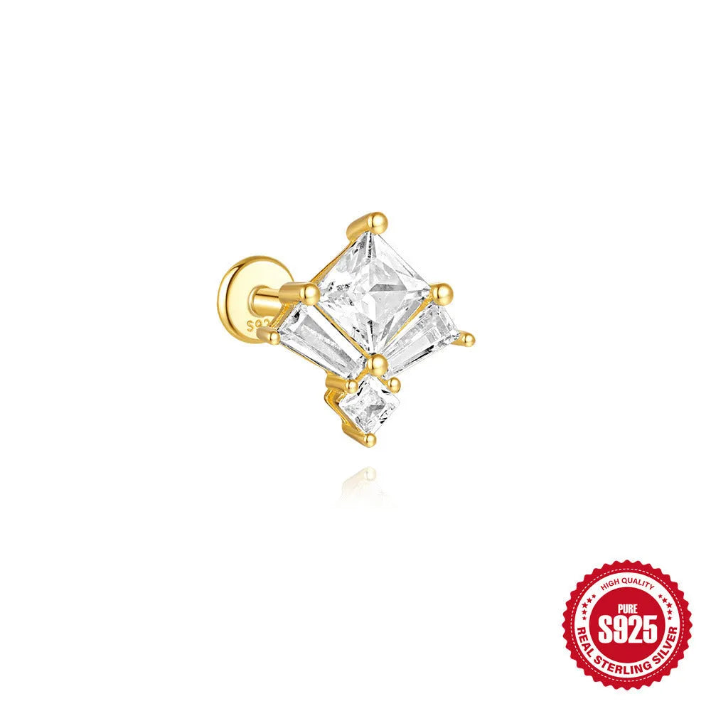 S925 sterling silver geometric chain stud earrings with inlaid zircon for double piercings in golden colour.