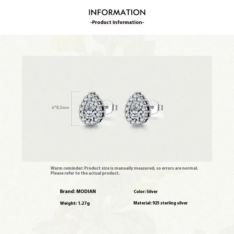Women's water drop shaped silver ear studs with 925 sterling silver construction