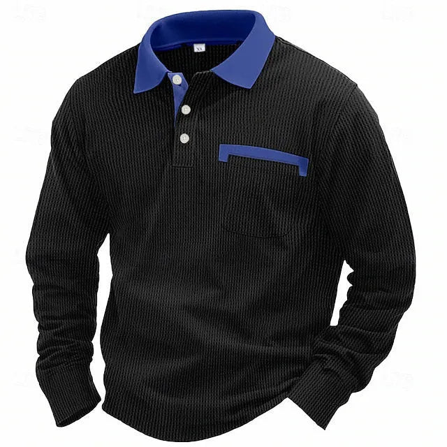 Man wearing a long-sleeved waffle texture polo shirt in a loose fit, showcasing the asymmetric detail.