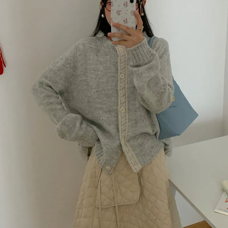Loose retro-style Korean knitwear cardigan coat in apricot colour