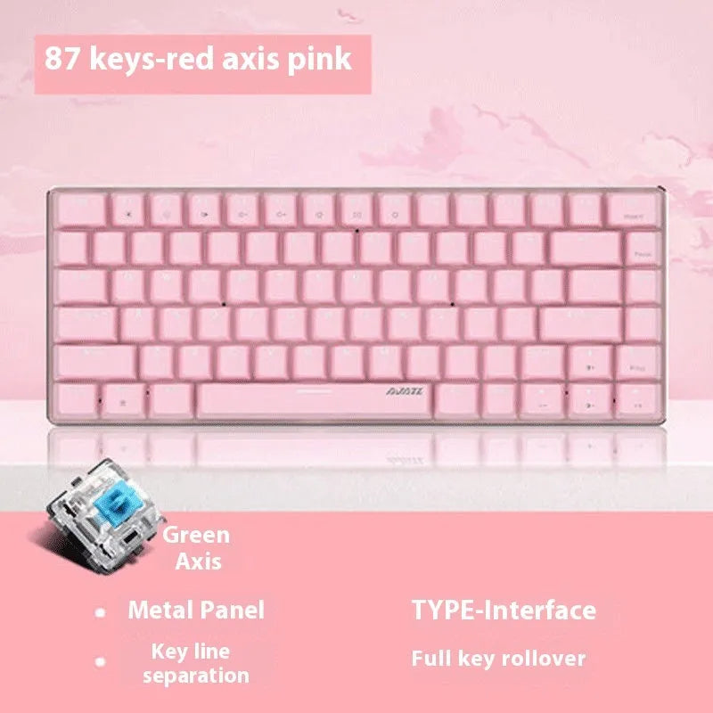 Pink mechanical keyboard with 82 keys and white backlight illumination on metal frame