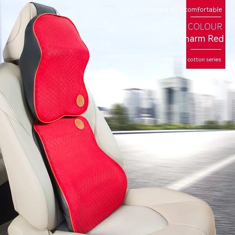 Black and beige memory foam headrest pillow and lumbar support pillow for car seats.