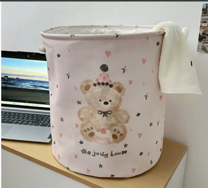 Foldable cotton laundry basket in mint green colour with bear design pattern for bedroom storage