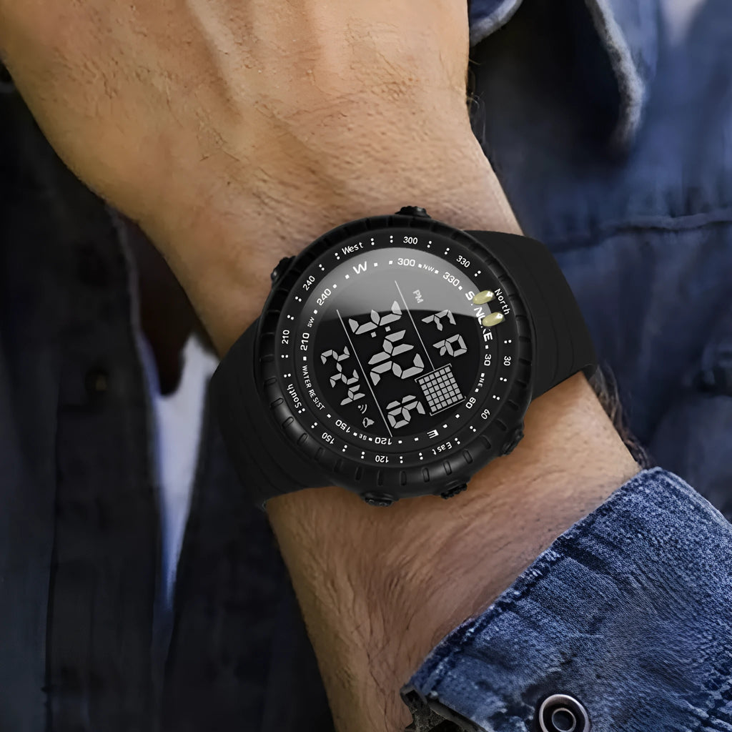 Black waterproof digital watch for men with plastic case and adjustable PU strap