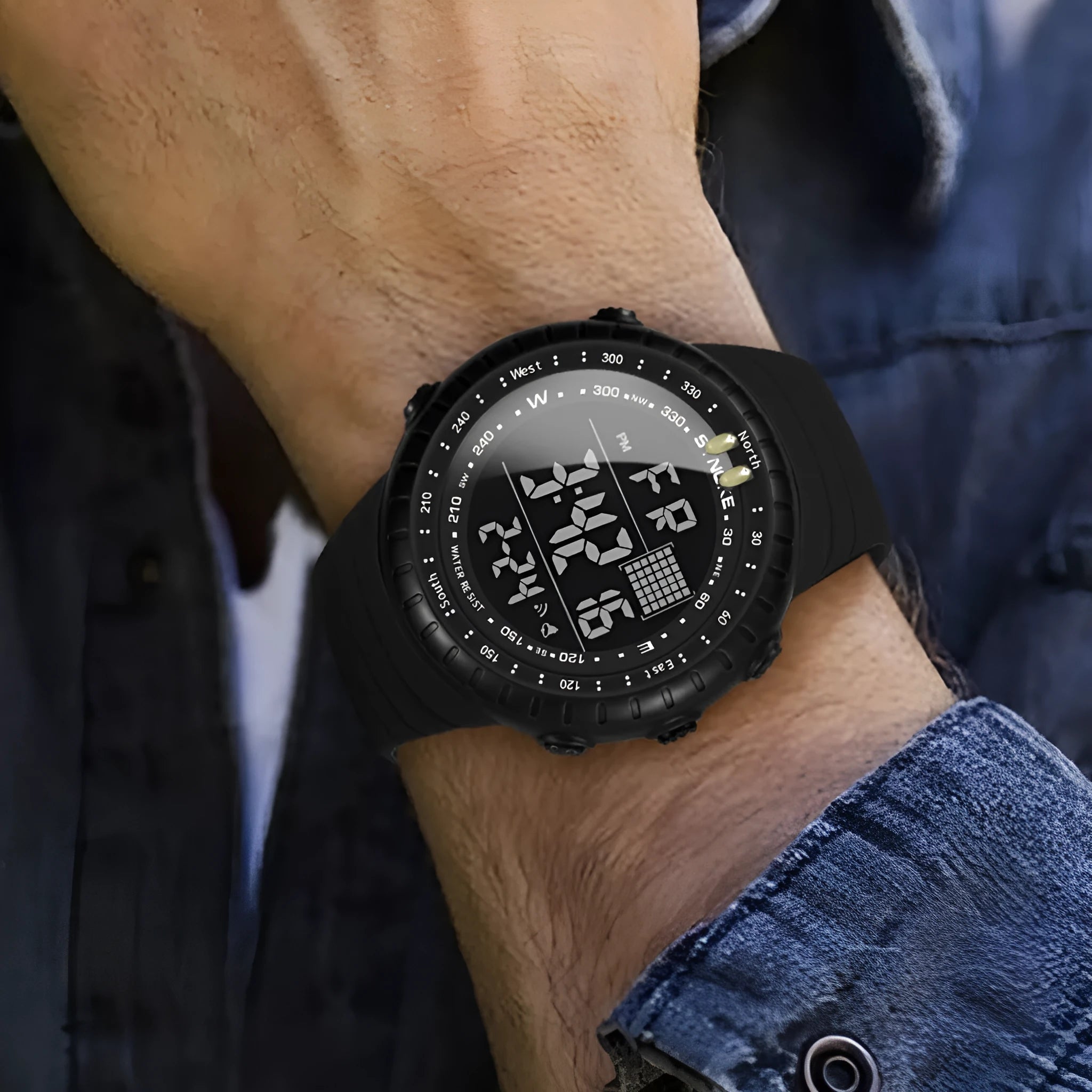 Black waterproof digital watch for men with plastic case and adjustable PU strap