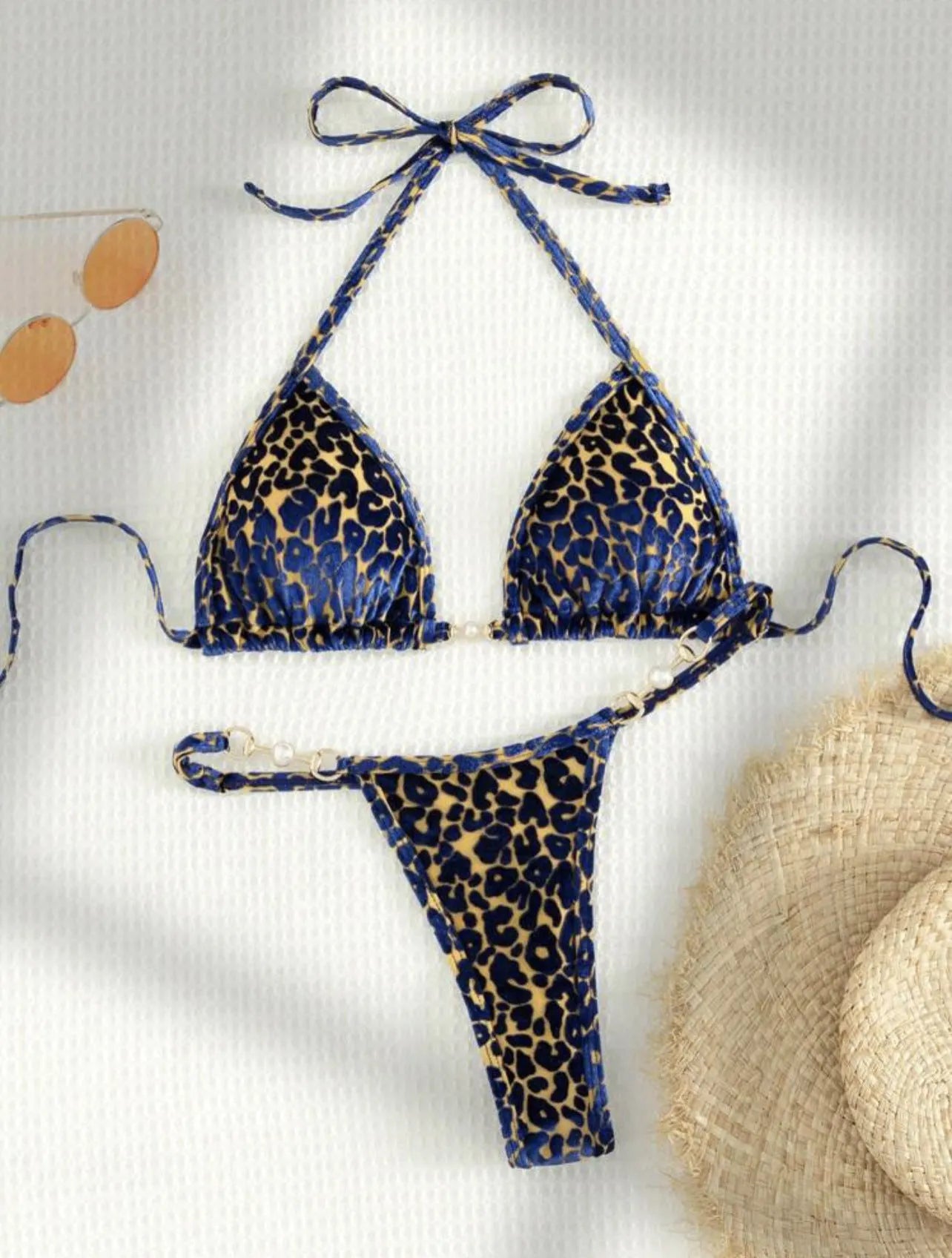 Women's blue leopard print T-shaped polyester bikini set for swimming