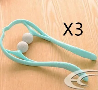 Plastic hand roller neck massager with adjustable stand and removable head in pink, blue, or green colours.
