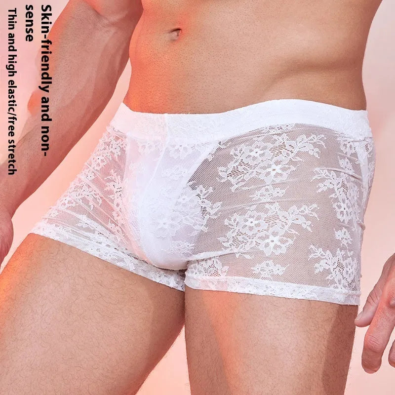 Men's black boxers with lace detailing on nylon fabric