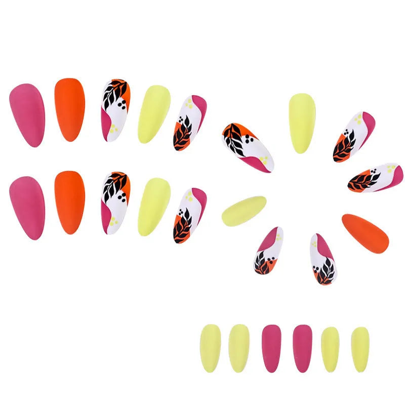 Medium almond armour frosted nail stickers showing four pattern variations: French colourful leaves, colourful plating, star flash macarons, gradient leopard print