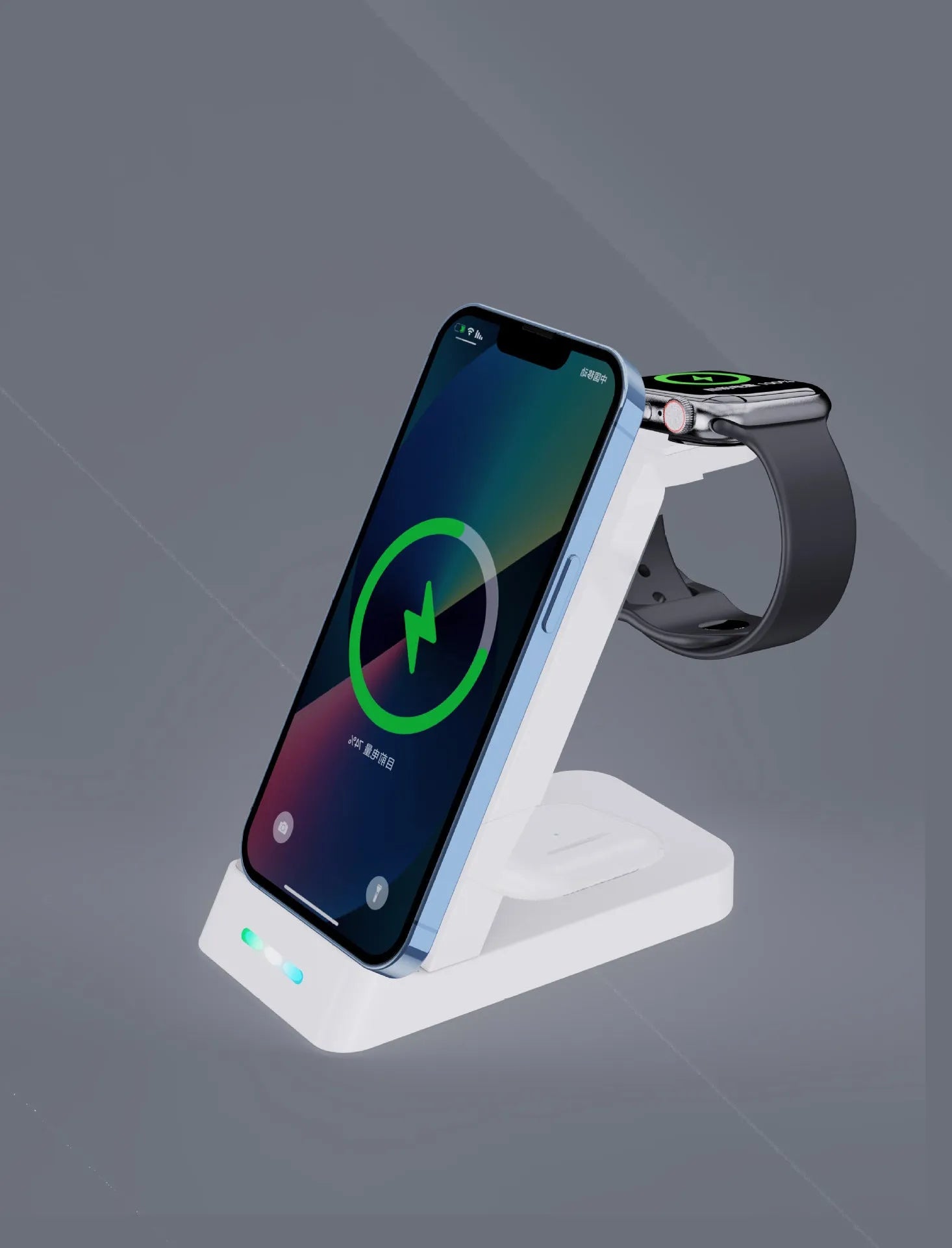 Black or white wireless charging station with phone stand charging iPhone, AirPods and Apple Watch simultaneously