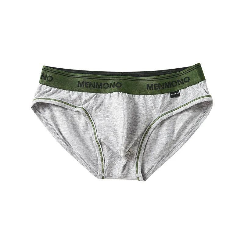 Men's low waist cotton briefs showing solid colour block design in various two-tone combinations.