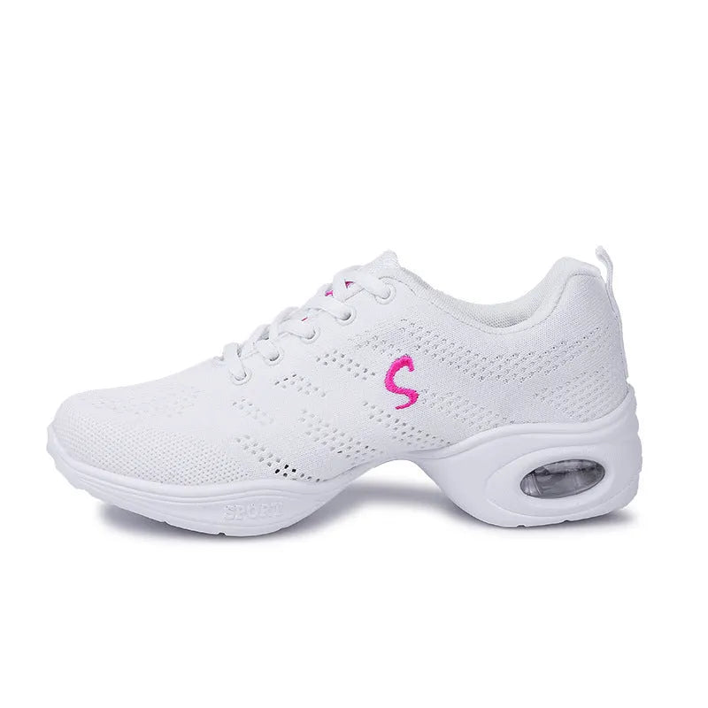 Women's Flyknit woven mesh dancing shoes with soft PU sole in multiple colour variations for summer dance and sports