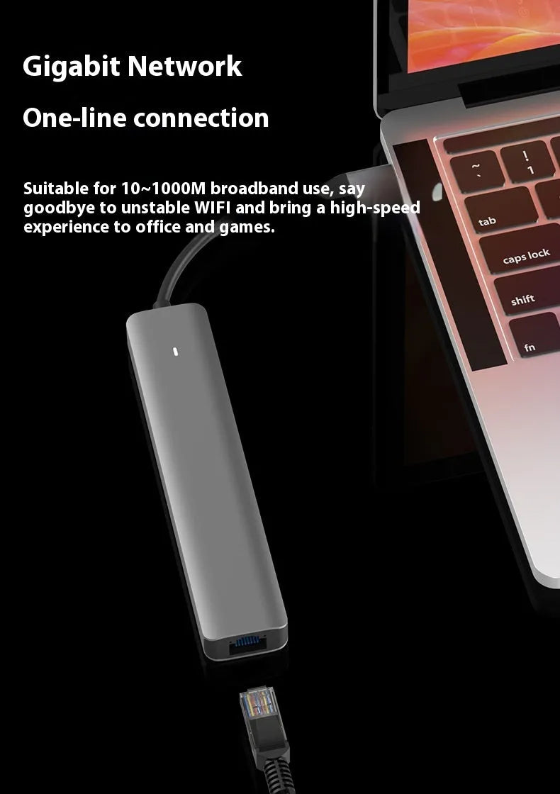 Black USB-C 7-in-1 computer hub with HDMI, USB ports and memory card slots