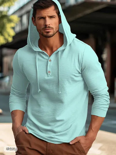Men's dark blue cotton pullover hoodie with long sleeves on a mannequin