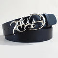 Men's silver buckle PU leather belt with snap button fastening showing three style variations