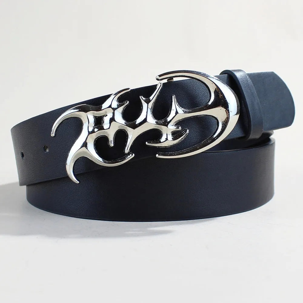 Men's silver buckle PU leather belt with snap button fastening showing three style variations