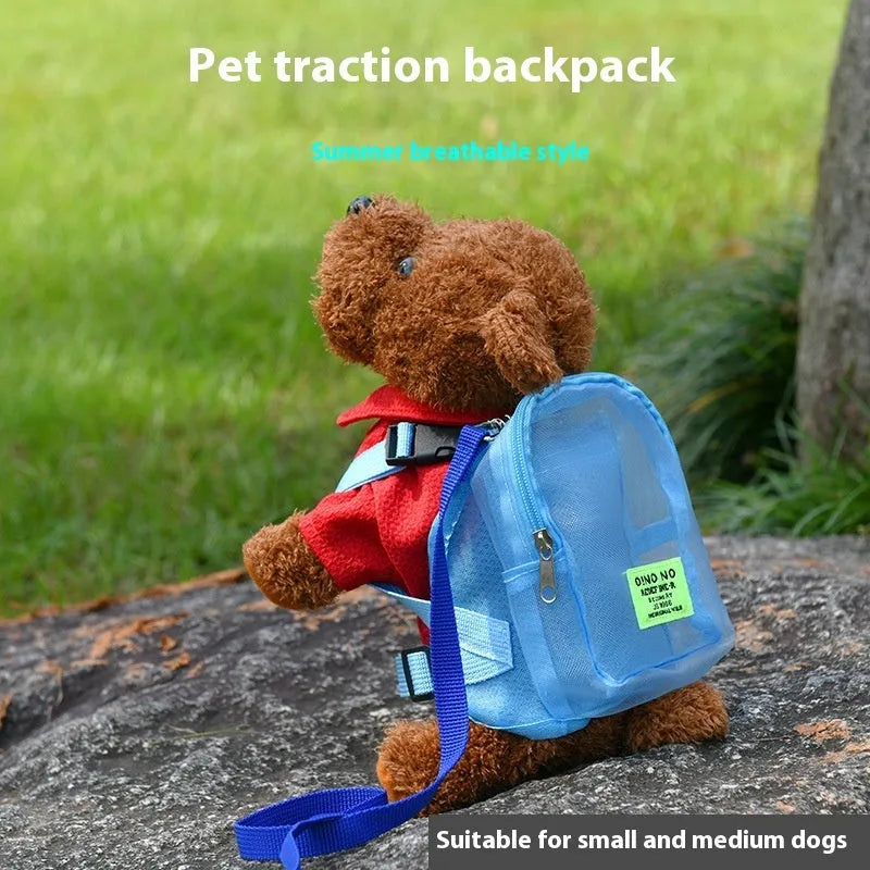 Blue dog backpack with adjustable straps and breathable mesh panel for small dog transport
