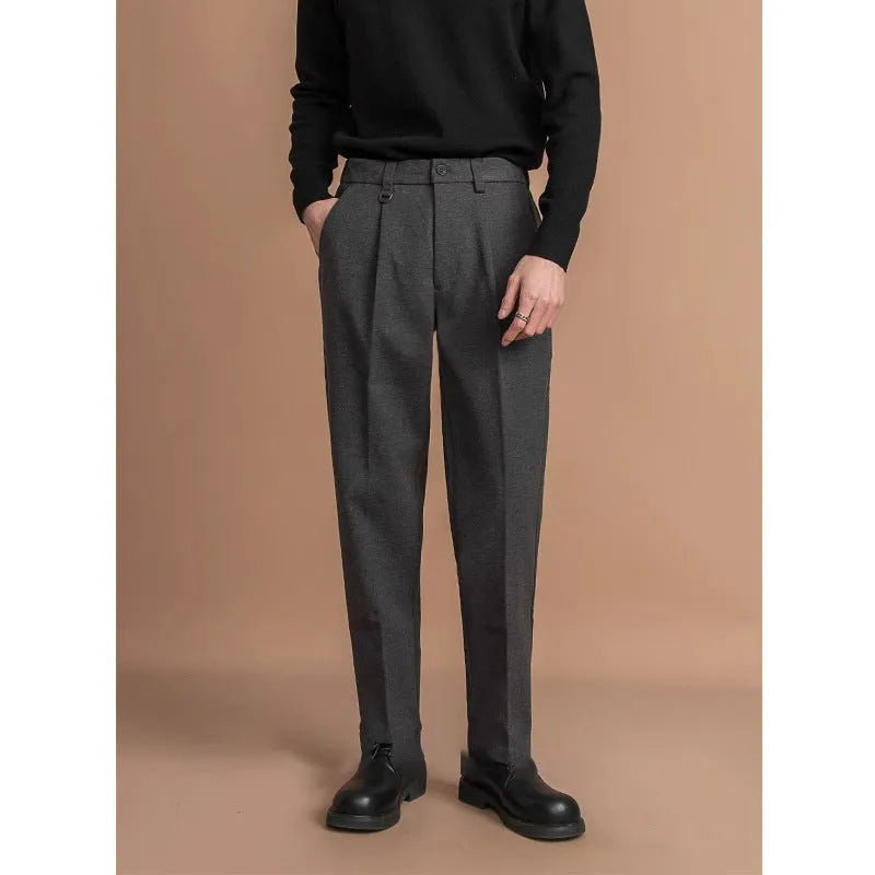 Men's straight leg casual trousers in black polyester fabric with business styling